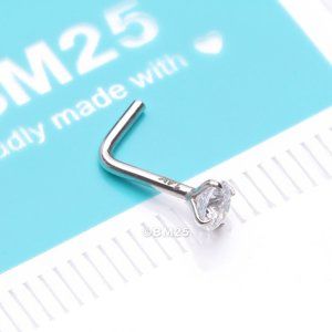 14 Karat White Gold Prong Set Gem Top L-Shaped Nose Ring